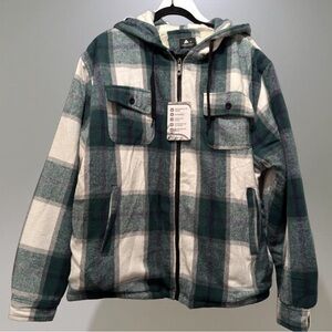 NWT Men’s Green Plaid Hooded Sherpa Fleece Lined Coat Jacket Size XL